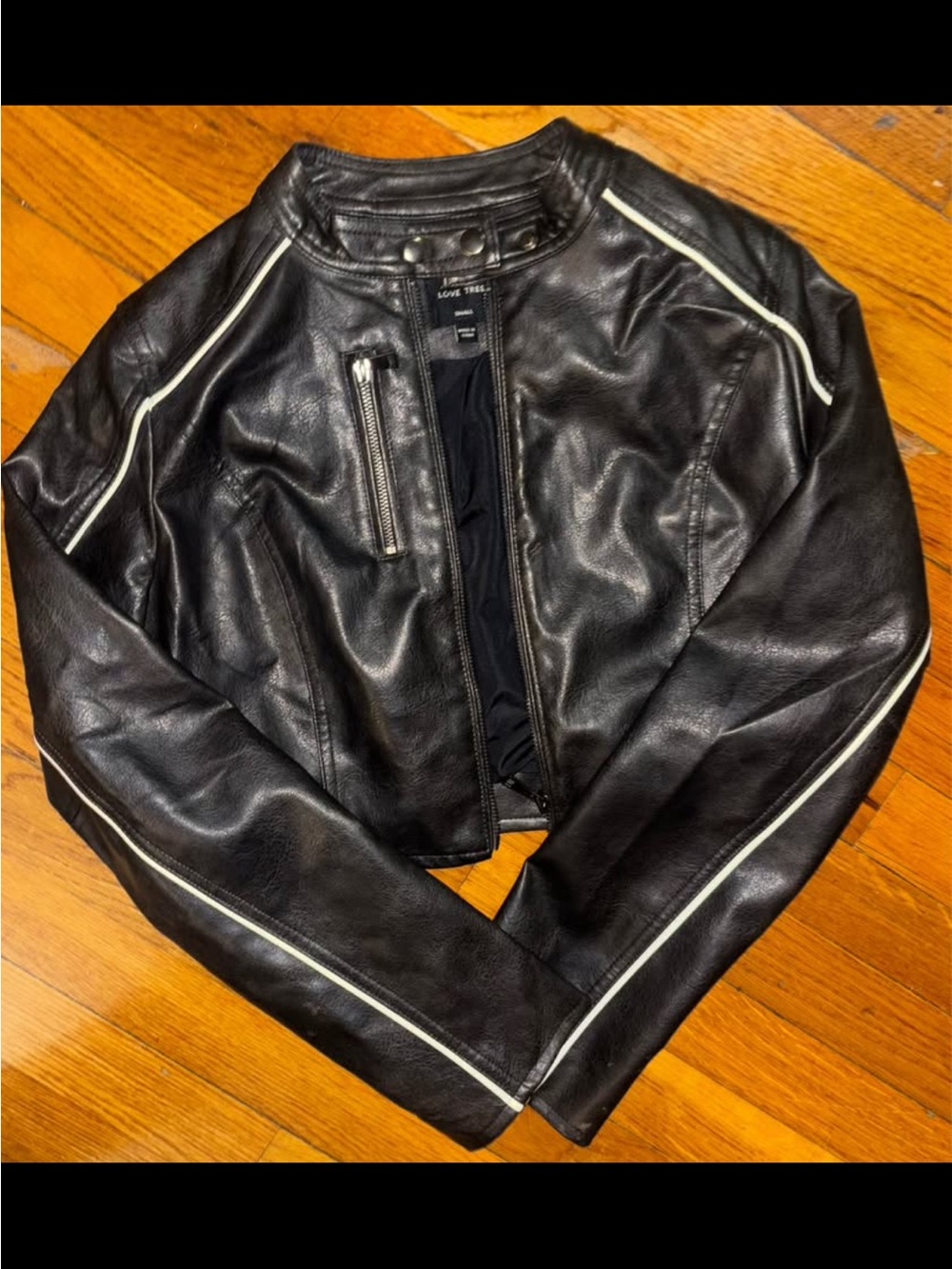 Black Faux Leather Women's Bomber Jacket with White Piping